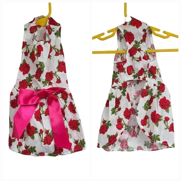 NEW Little Dog Dress Red Rose Print Pet Outfit Big Bow Costume Colorful Cotton - Picture 3 of 6